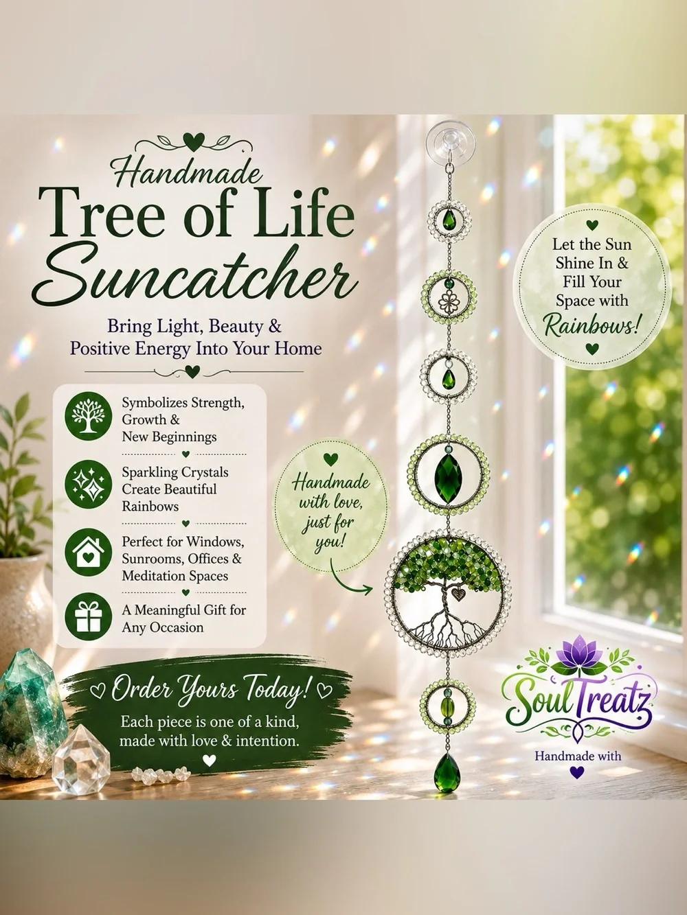Soul Treatz Green Tree of Life Sun Catcher - Green Crystal Wall Decor